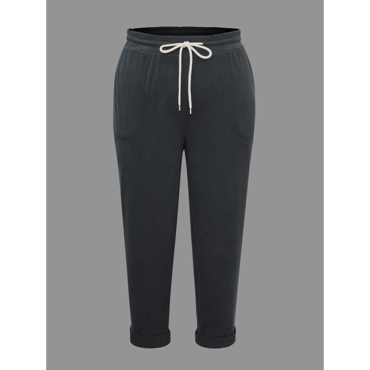 Plus Size Plain Drawstring Slant Pocket Roll Hem Pants Women SlateGray Casual Loose Mid Rise Everyday Pants BloomChic 12/L Product Image