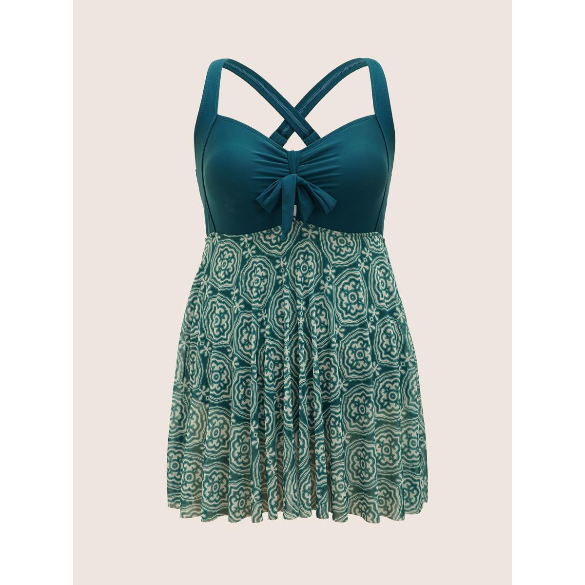 Plus Size Boho Print Patchwork Tie Knot Gathered Swim Dress Women's Swimwear DarkGreen Beach Bodycon Heart neckline High stretch Curve Swim Dresses BloomChic 30/6X Product Image