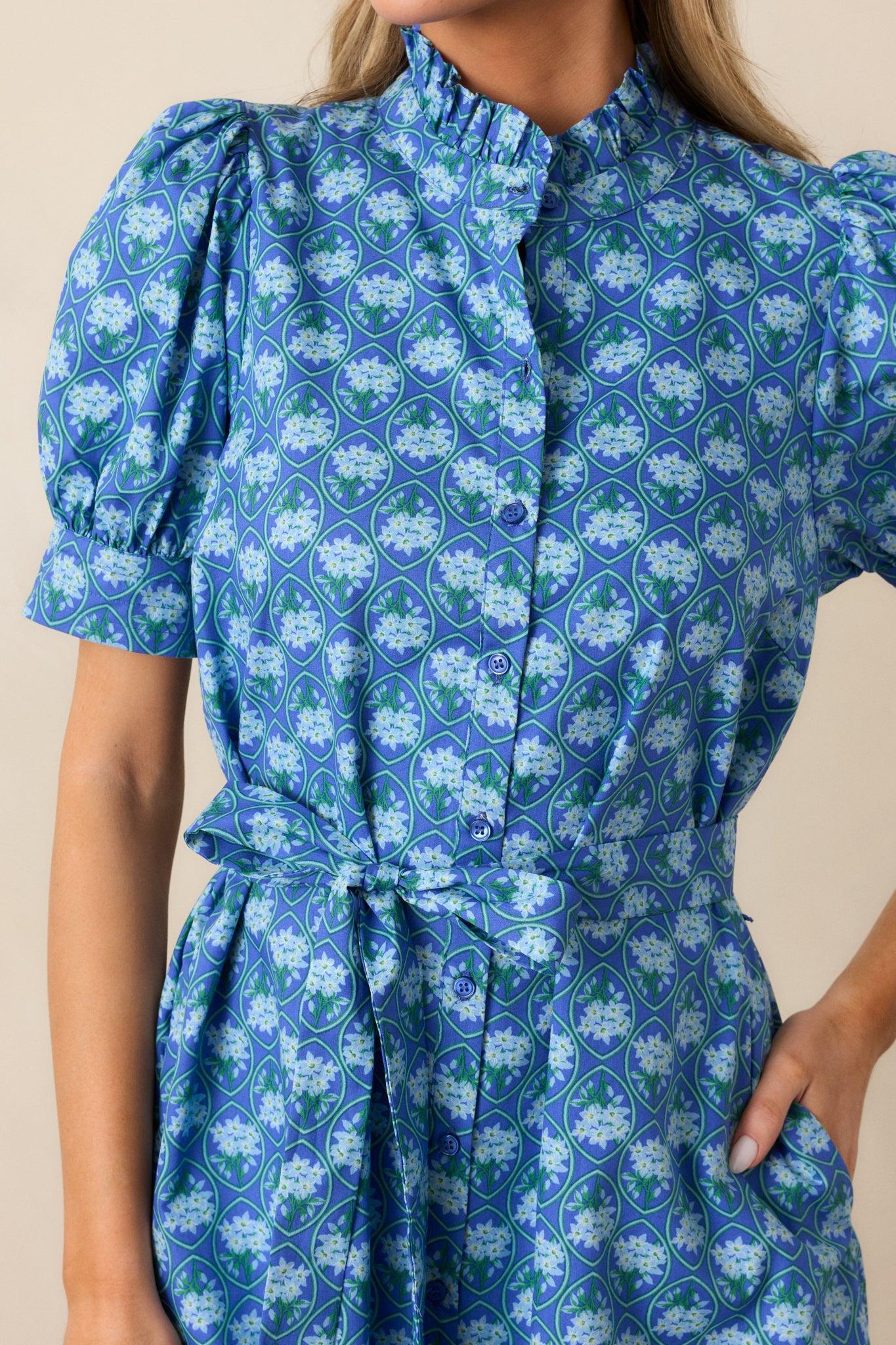 Orchid Waters Cotton Blue Floral Button Front Midi Dress Product Image