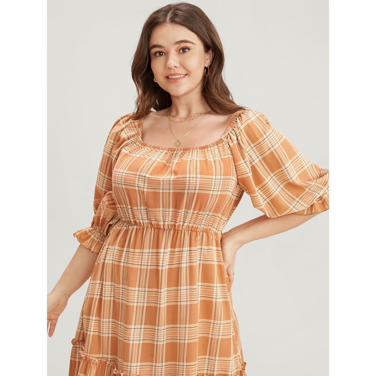 Plus Size Plaid Square Neck Lantern Sleeve Pocket Flutter Dress LightBrown Women Elegant Tiered Square Neck Half Sleeve Curvy Midi Dress BloomChic 14-16/1X Product Image