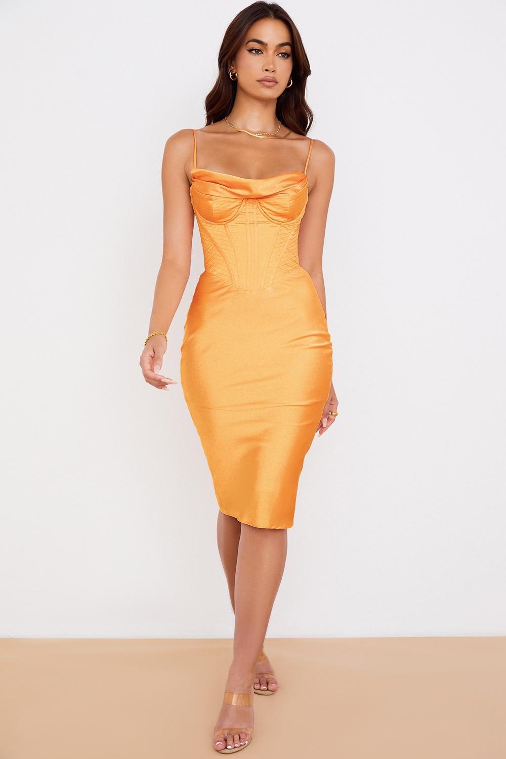 Myrna  tangerine satin corset midi dress - sale Product Image