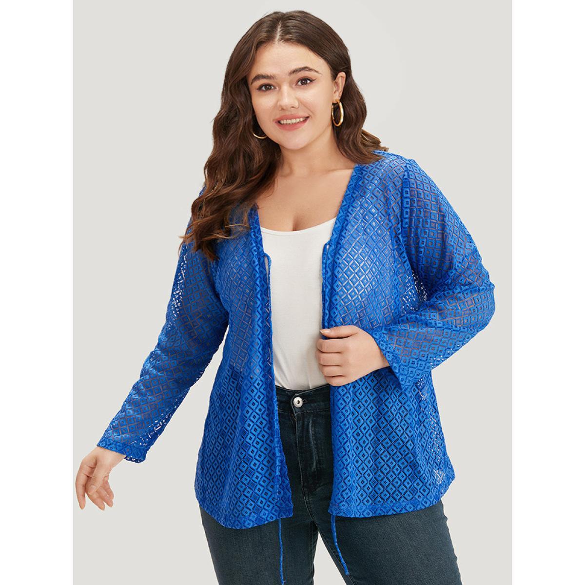Plus Size Plain Knot Lace Mesh Hollow Out Jacket Women Blue Plain Dailywear Jackets BloomChic 22-24/3X Product Image
