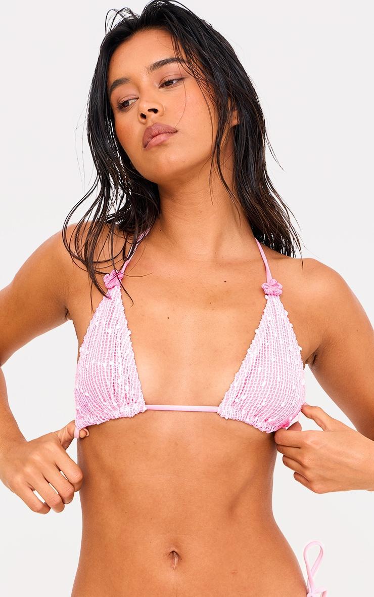 Pink Textured Overlay Triangle Bikini Top Product Image
