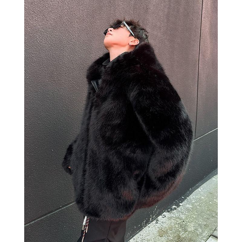 Hooded Plain Faux Fur Zip Coat Product Image