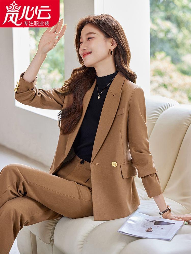 Peak Lapel Plain Asymmetrical One-Buttoned Blazer / Mid Rise Flared Dress Pants / Long-Sleeve V-Neck Blouse / Set Product Image