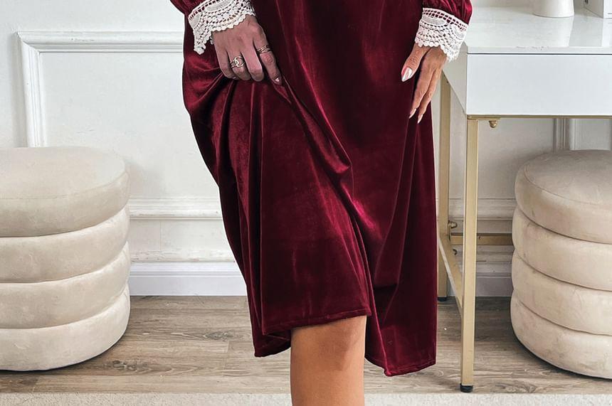 Velvet Long Sleeve V-Neck Lace Trim A-Line Midi Dress Product Image