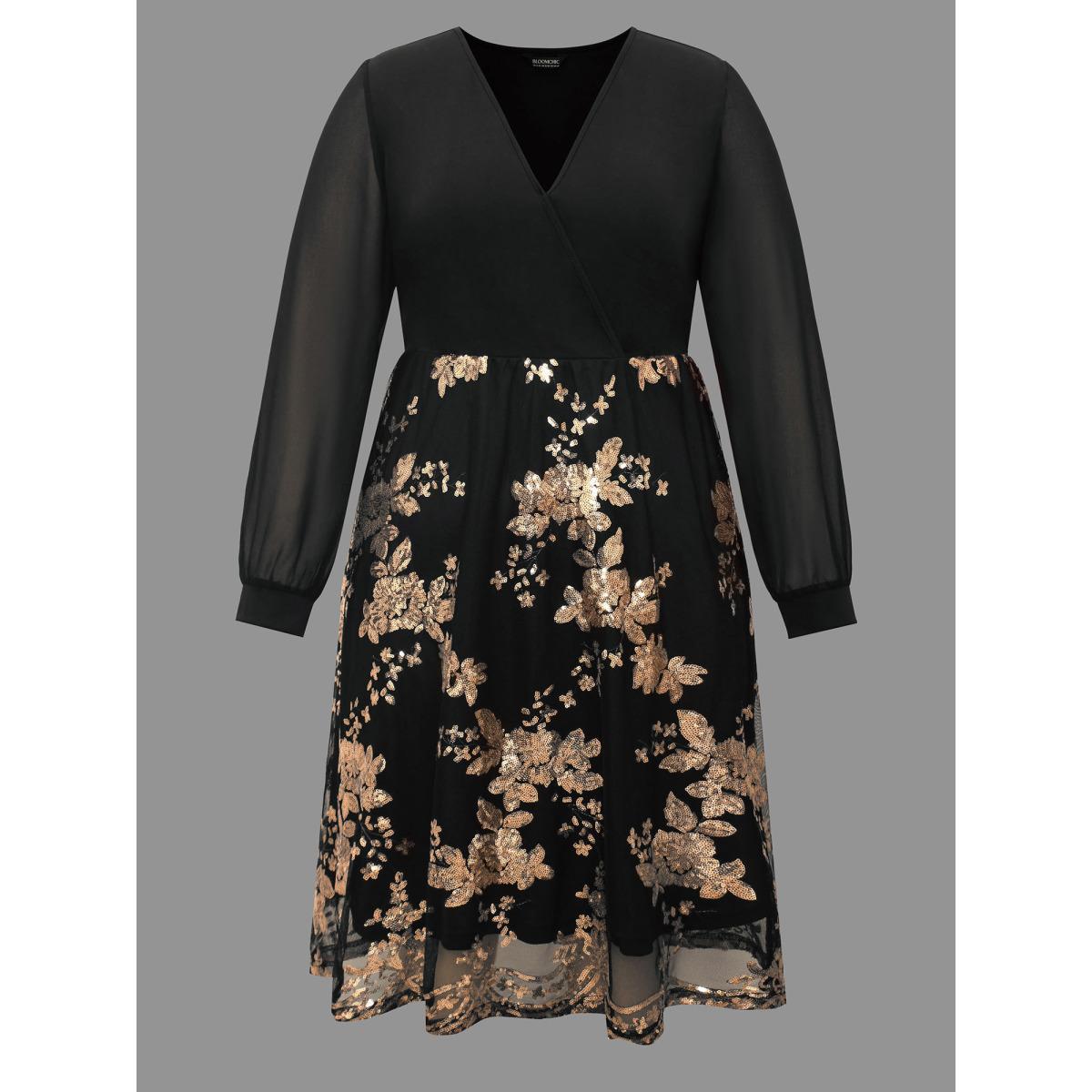Plus Size Sequin Overlap Collar Sheer Sleeve Lined Dress Black Women Cocktail Texture Party Curvy Bloomchic 30/6X Product Image