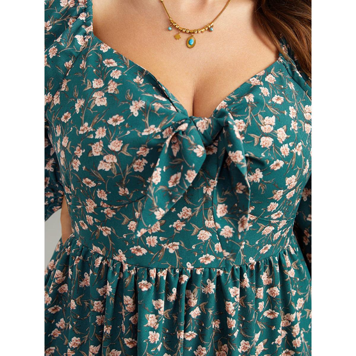 Plus Size Ditsy Floral Square Neck Elastic Waist Ties Dress Teal Women Vacation Elastic cuffs Square Neck Long Sleeve Curvy Midi Dress BloomChic 30/6X Product Image