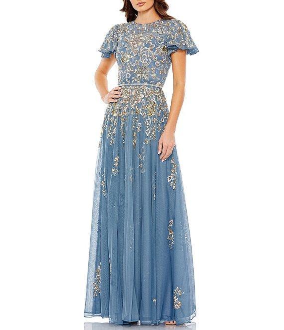 Mac Duggal Sequin Embellished Short Butterfly Sleeve Crew Neck Gown Product Image