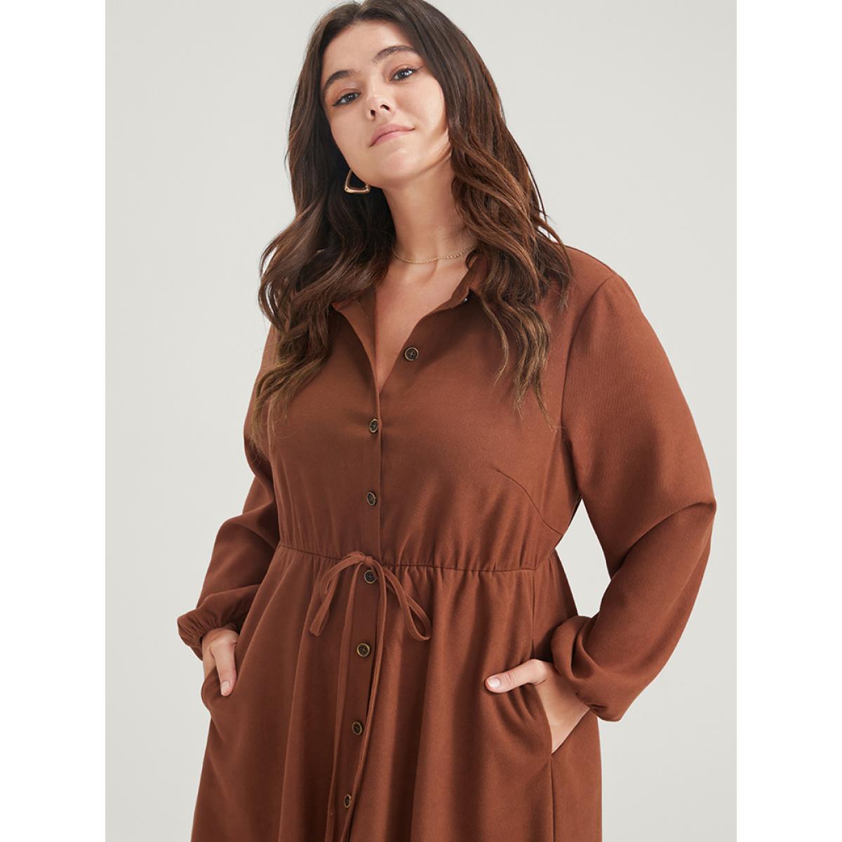 Plus Size Solid Tie Up Shirt Collar Pocket Button Detail Corduroy Dress Chocolate Women Office Button Shirt collar Long Sleeve Curvy Midi Dress BloomChic 26/4X Product Image