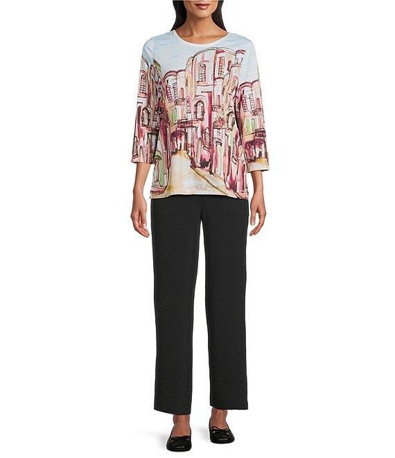 Allison Daley Petite Size Rue Paris Print Embellished 3/4 Sleeve Crew Neck Knit Top Product Image