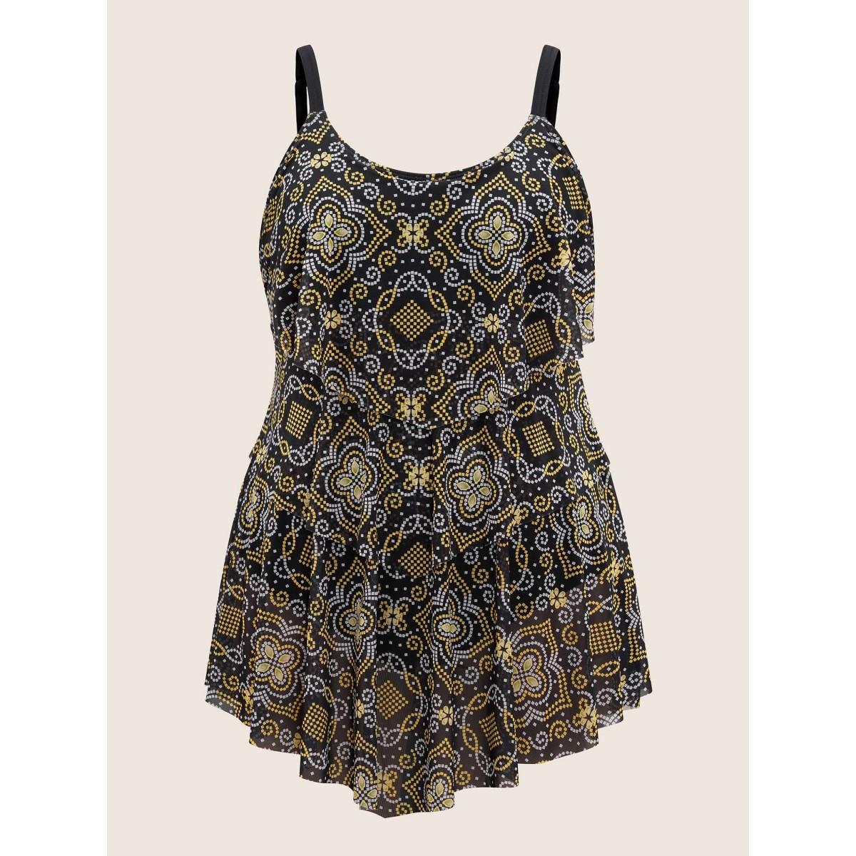 Plus Size Moroccan Print Mesh Adjustable Straps Swim Dress Women's Swimwear Black Beach Bodycon U-neck High stretch Curve Swim Dresses BloomChic 18-20/2X Product Image