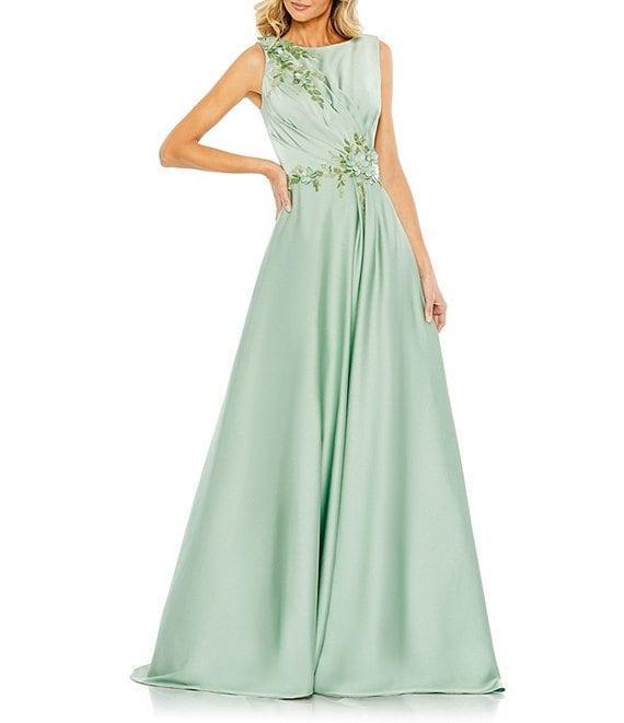 Mac Duggal Sequin Floral Applique Boat Neck Sleeveless Gathered Gown Product Image