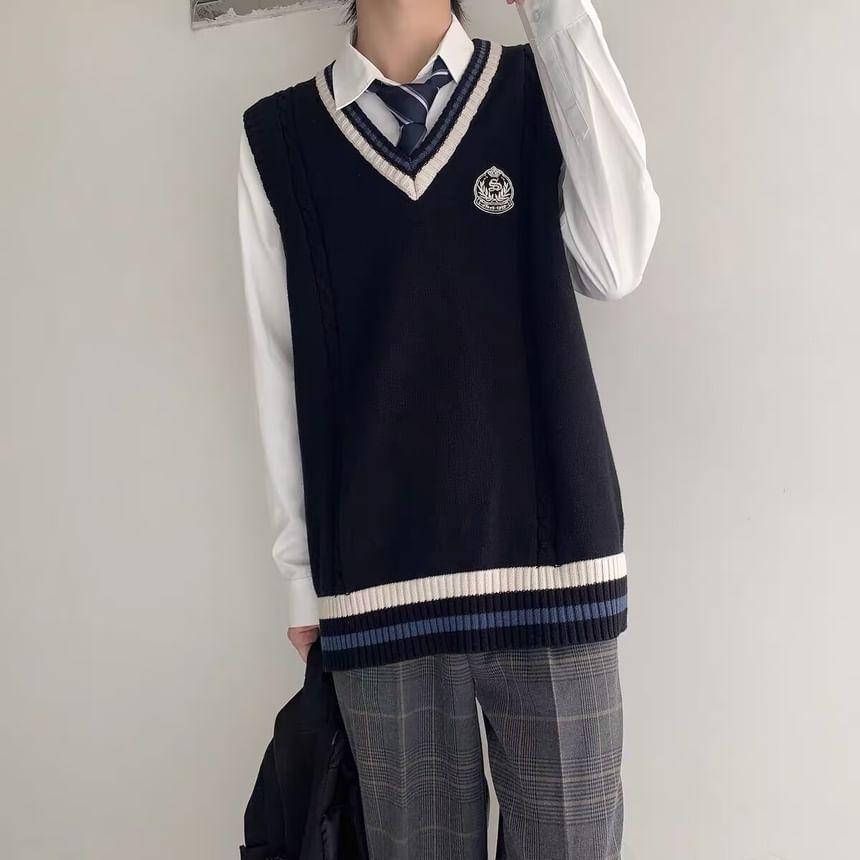 V-Neck Embroidered Striped Sweater Vest Product Image