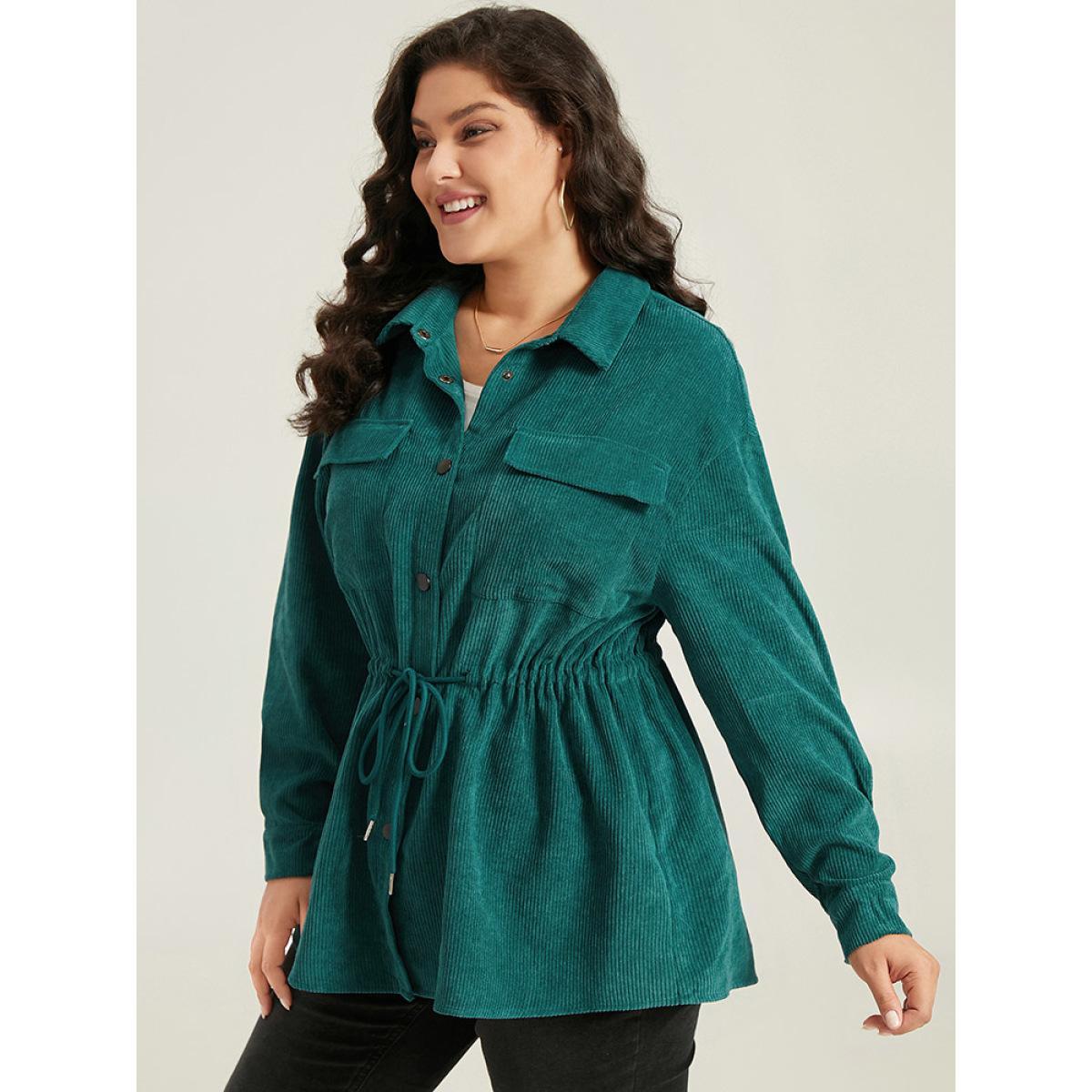 Plus Size Plain Corduroy Pocket Button Up Drawstring Gathered Coat Women Cyan Casual Plain Ladies Dailywear Winter Coats BloomChic 22-24/3X Product Image