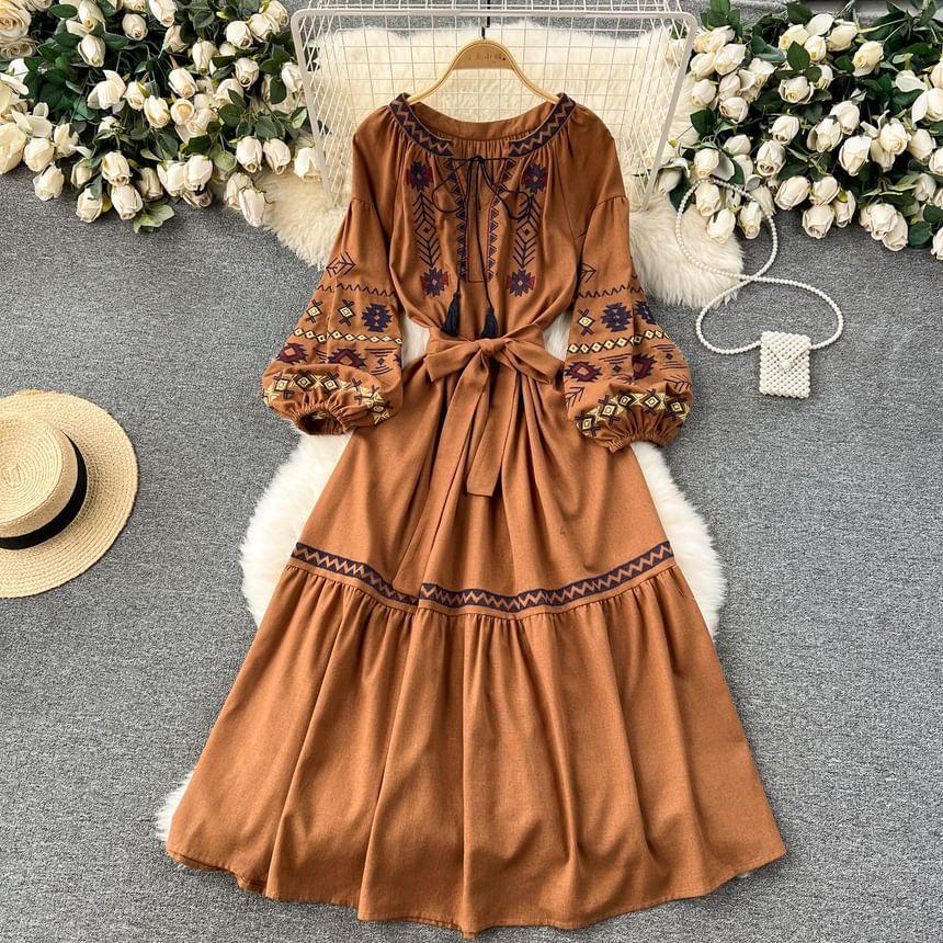 Puff-Sleeve Embroidered Tie Waist Midi A-Line Dress Product Image