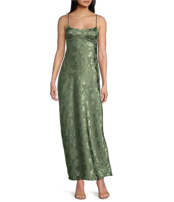 Allison & Kelly Satin Floral Jacquard Scoop Neck Spaghetti Strap Back Cut-Out Midi Dress Product Image