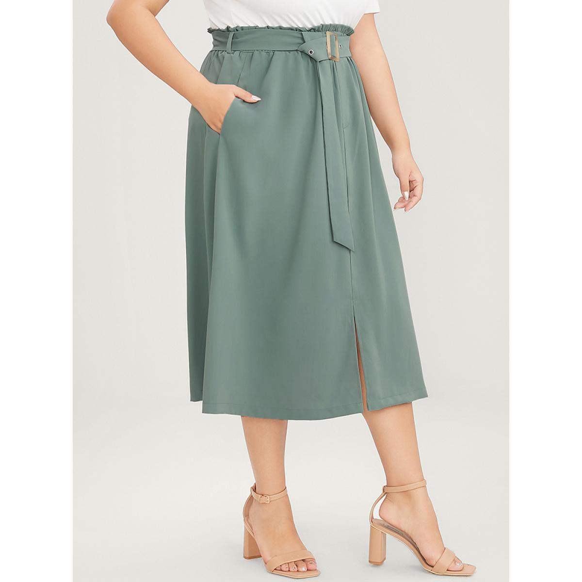 Plus Size Solid Paperbag Waist Pocket Belted Split Hem Skirt Women Emerald Office No stretch Pocket Belt Dailywear Skirts BloomChic 14-16/1X Product Image