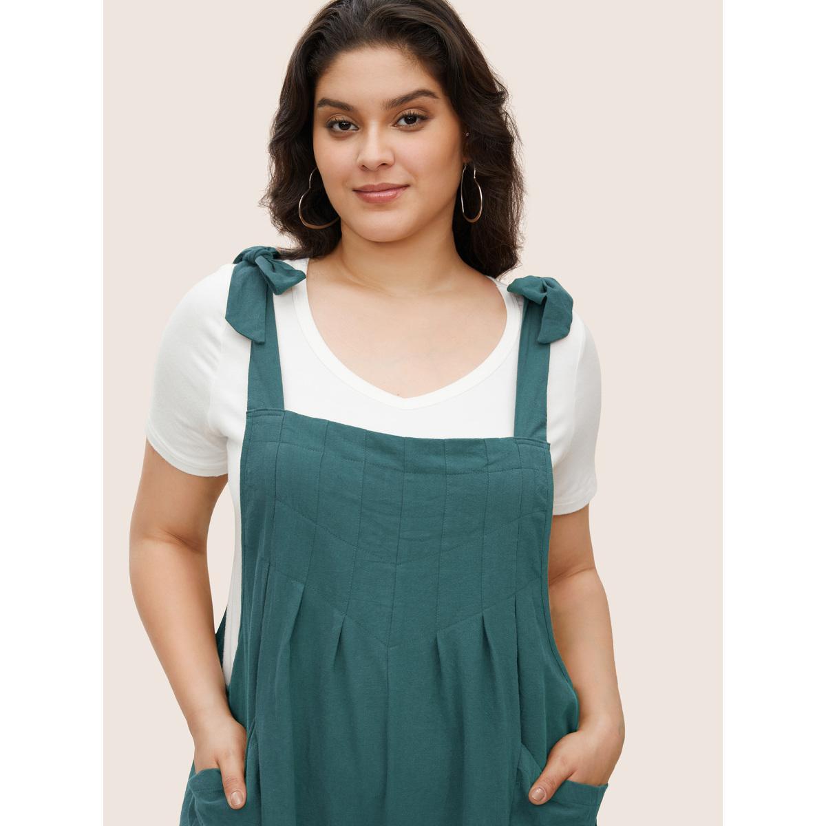 Plus Size Cyan Solid Pleated Detail Pocket Knotted Shoulder Overall Jumpsuit Women Casual Sleeveless Non Everyday Loose Jumpsuits BloomChic 28/5X Product Image