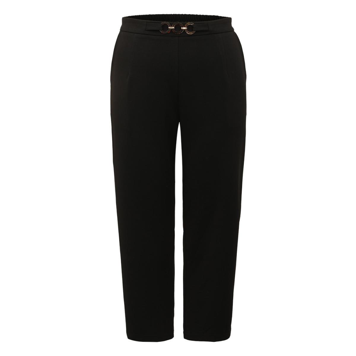 Plus Size Plain Pocket Buckle Detail Elastic Waist Pants Women Black Office Bodycon High Rise Work Pants BloomChic 26/4X Product Image