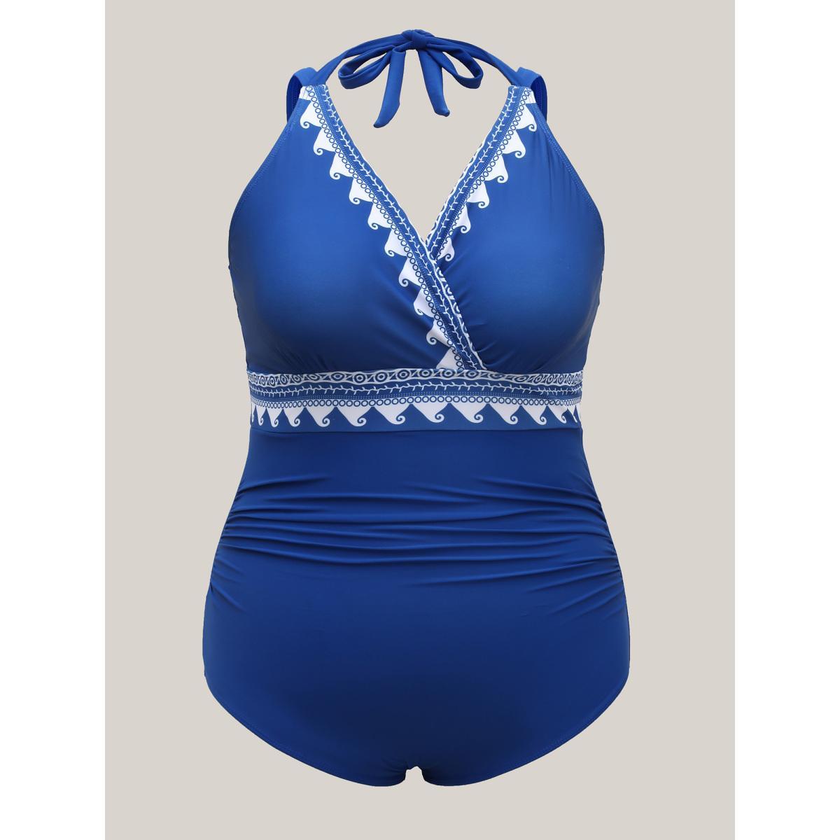 Plus Size Two-Piece Ocean Print Swimsuit Women's Swimwear Mediumblue Beach Tie knot Curve Bathing Suits High stretch One Pieces BloomChic 26/4X Product Image