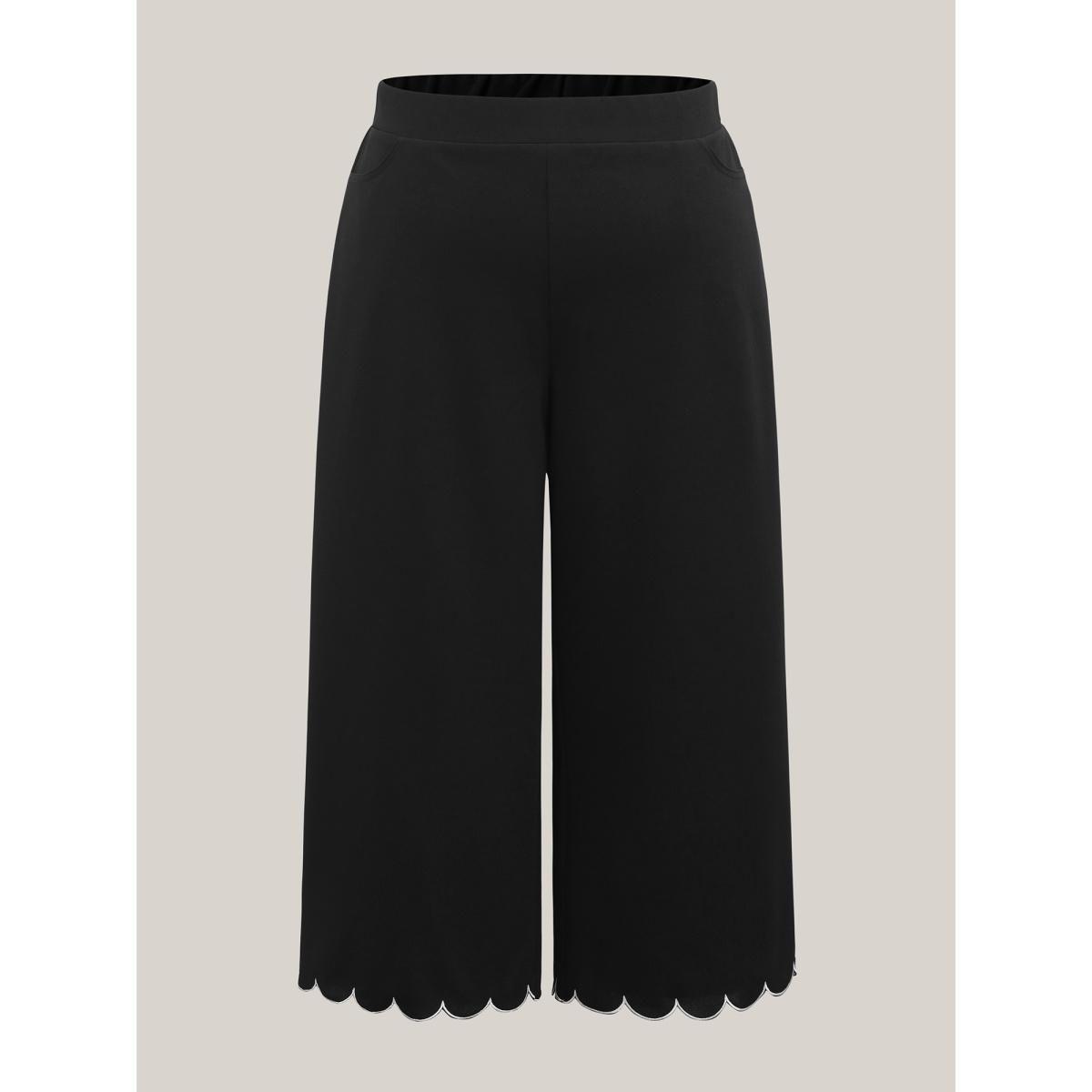Plus Size Scalloped Hem Pull-On Wide-Leg Pants Women Black Elegant Wide Leg Mid Rise Everyday-Elegant Pants BloomChic 18-20/2X Product Image