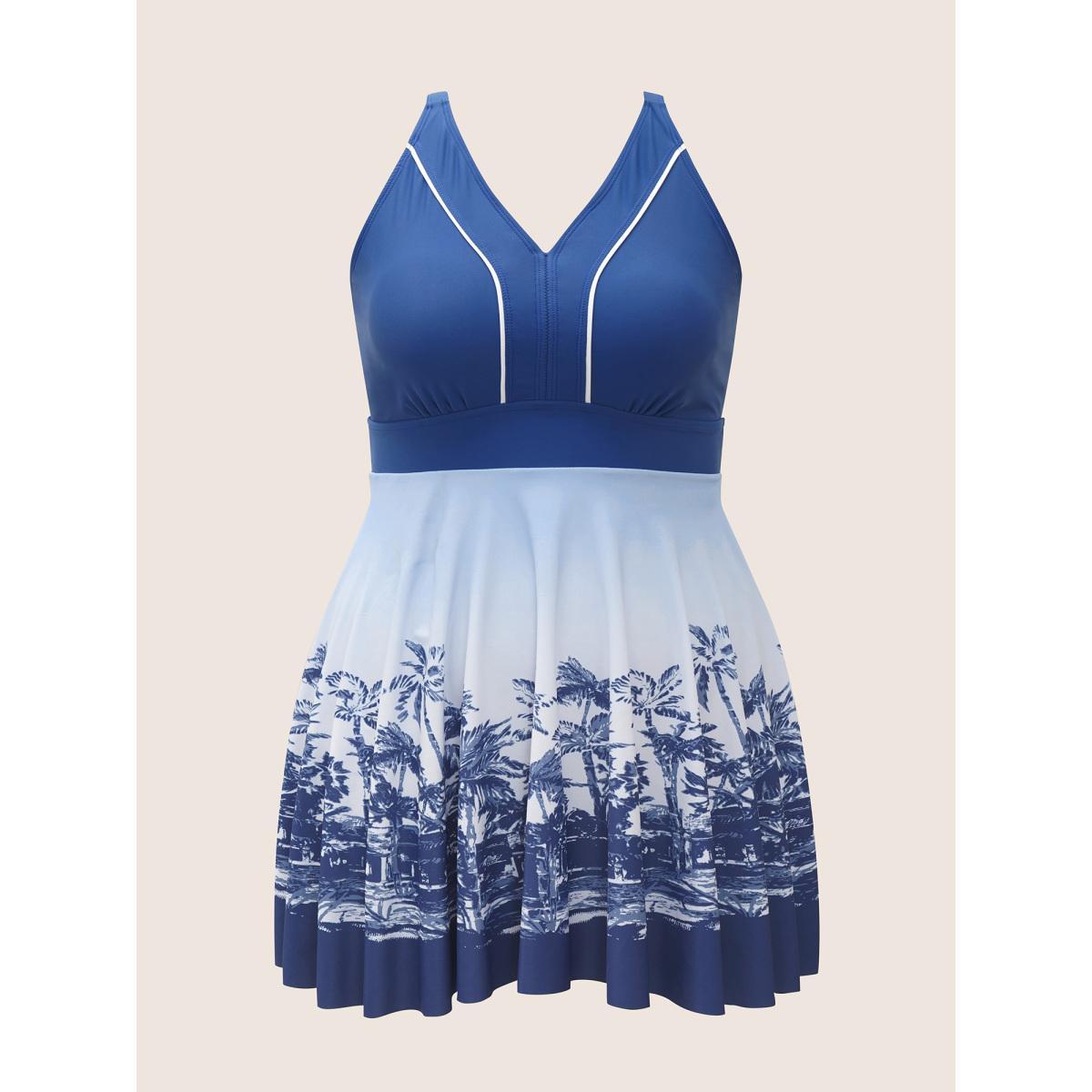 Plus Size V Neck Tropical Print Contrast Swim Dress Women's Swimwear Cerulean Beach Bodycon V-neck High stretch Curve Swim Dresses BloomChic 30/6X Product Image