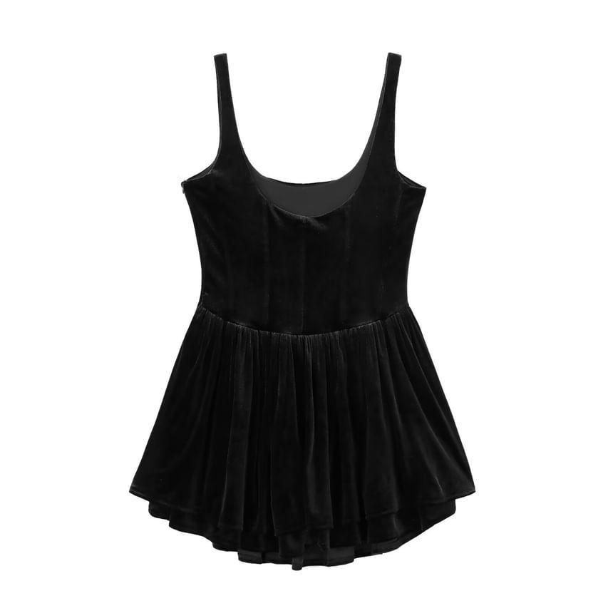 Sleeveless Scoop Neck Plain Velvet Mini A-Line Dress Product Image