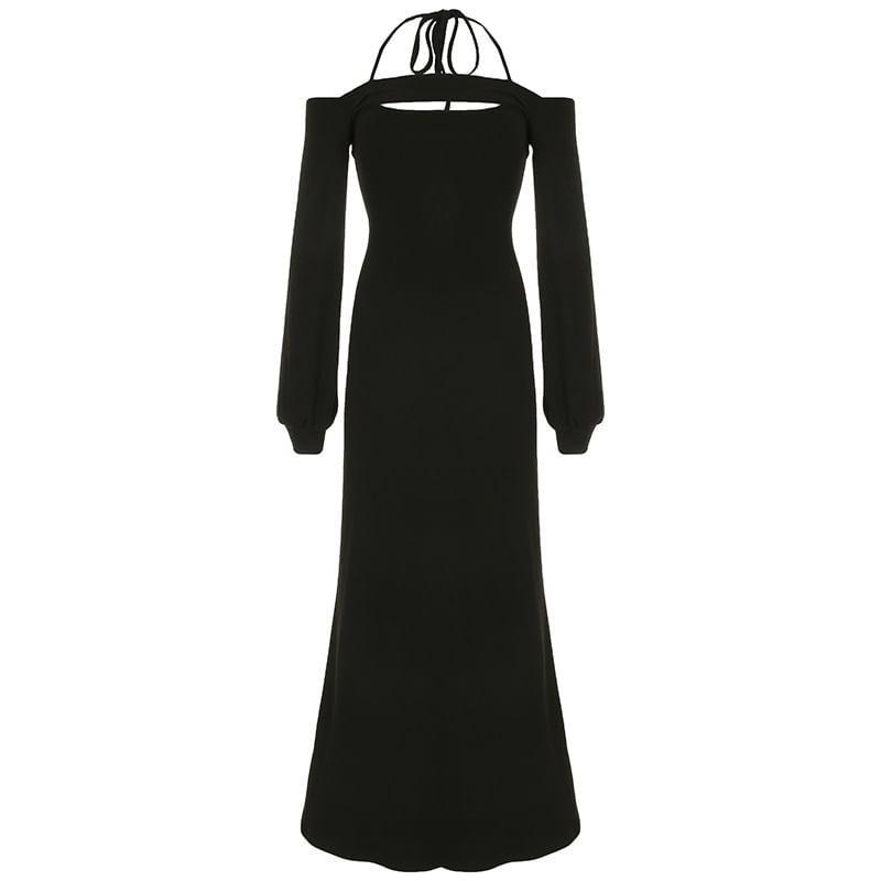 Spaghetti Strap Plain Slim-Fit Maxi Bodycon Dress with Puff Sleeve Shrug Product Image