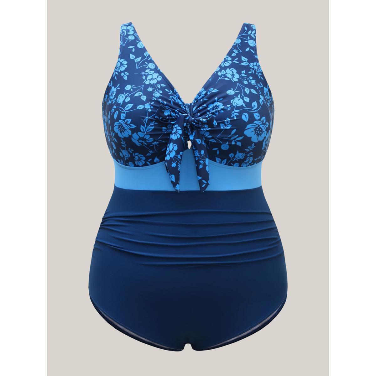 Plus Size Floral Front-Knot One-Piece Swimsuit Women's Swimwear Indigo Beach Gathered Curve Bathing Suits High stretch One Pieces BloomChic 18-20/2X Product Image