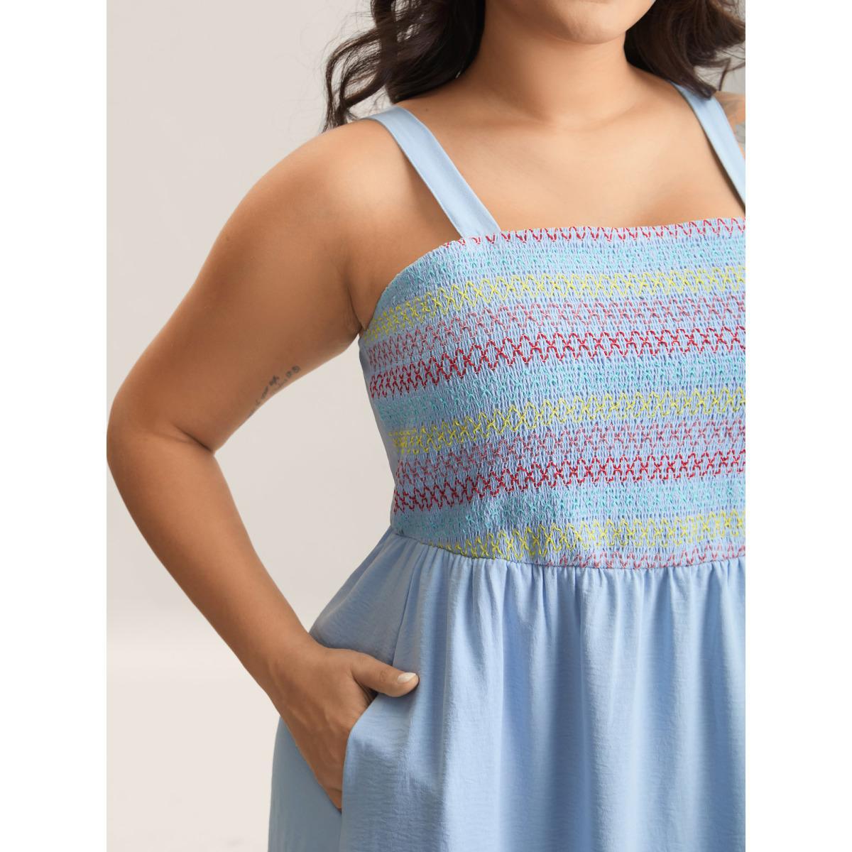 Plus Size Shirred Adjustable Straps Tiered Midi Dress LightBlue Women Non Sleeveless Curvy BloomChic 12/L Product Image