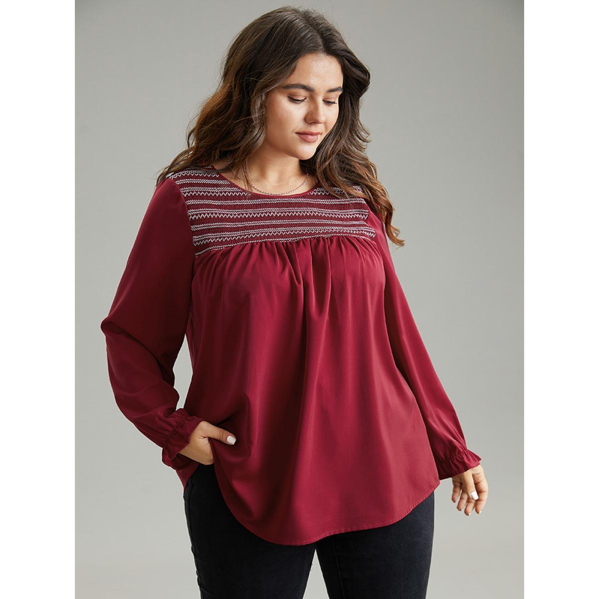 Plus Size Scarlet Contrast Trim Plicated Detail Flutter Sleeve Blouse Women Office Long Sleeve Round Neck Work Blouses BloomChic 28/5X Product Image