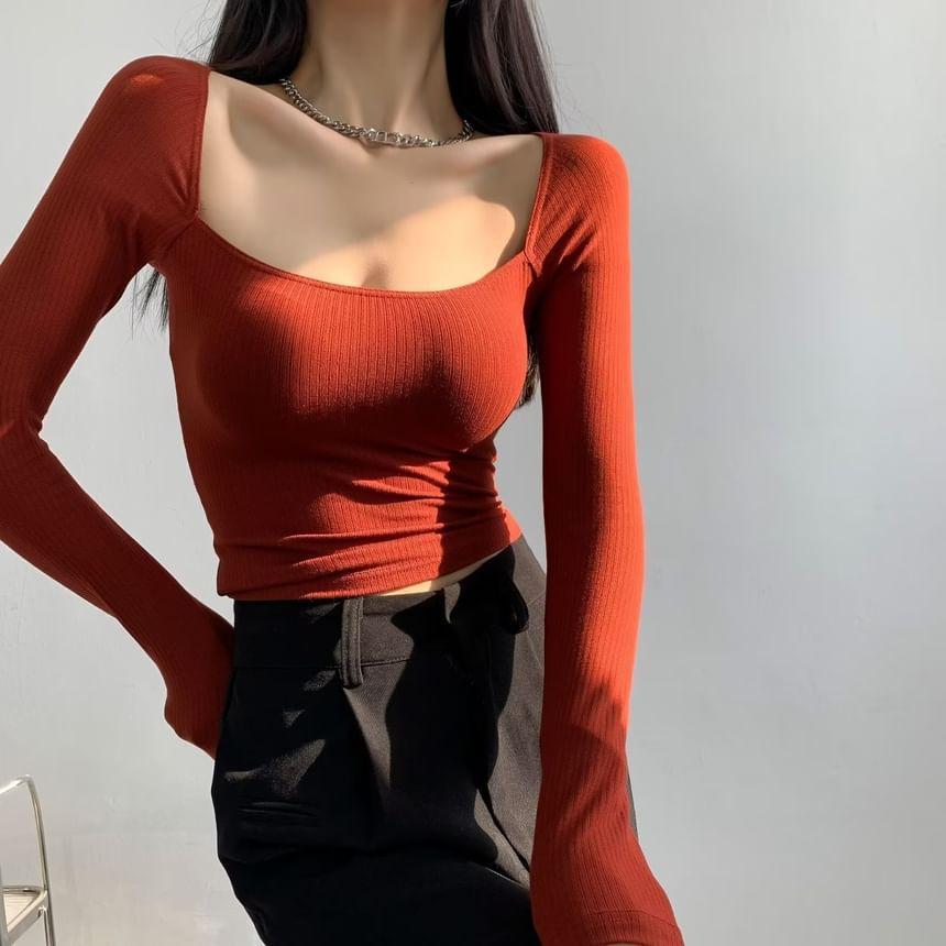 Long Sleeve Square-Neck Plain Slim-Fit Crop Top Product Image