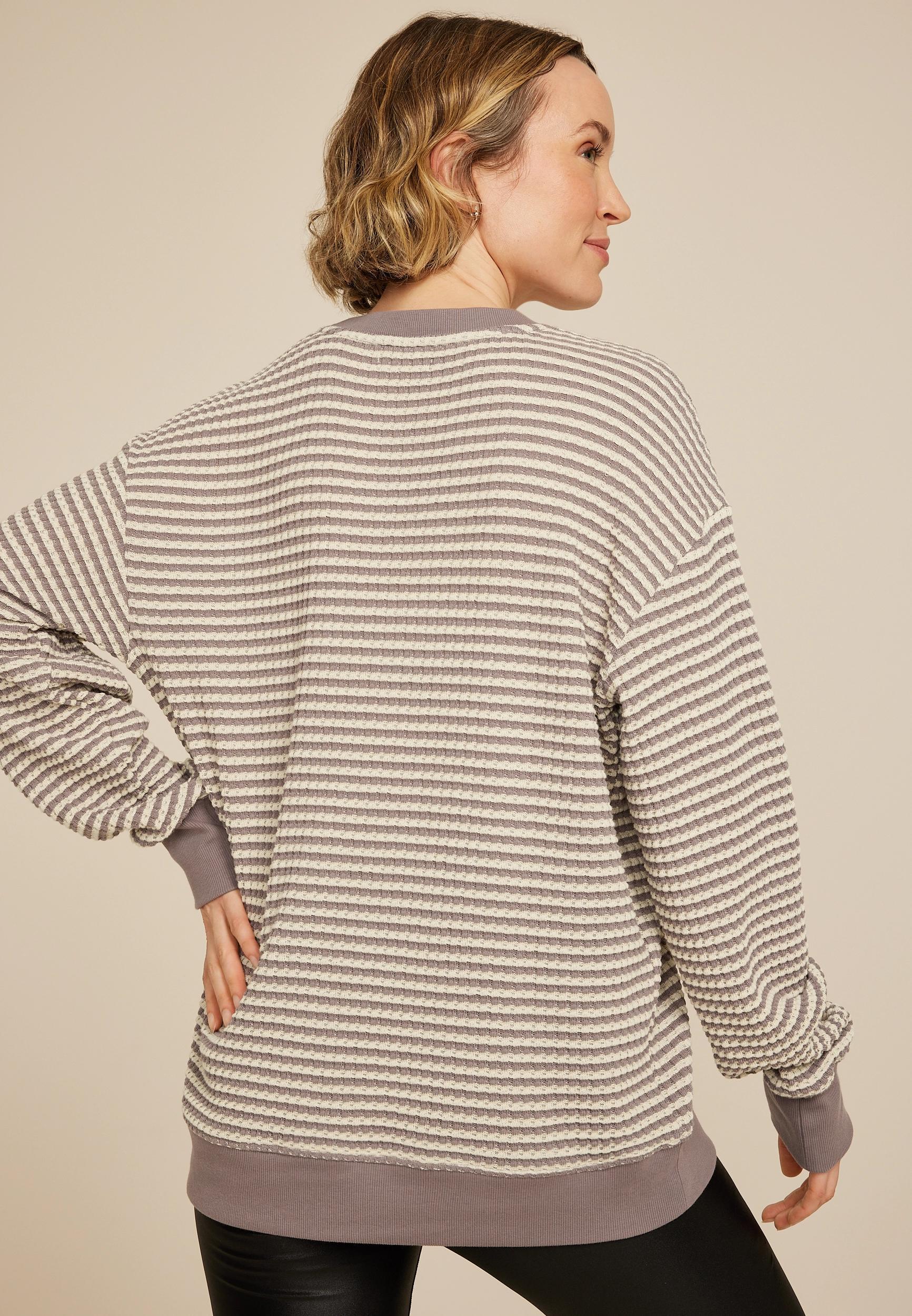 Striped Waffle Crew Neck Tunic Sweatshirt Product Image