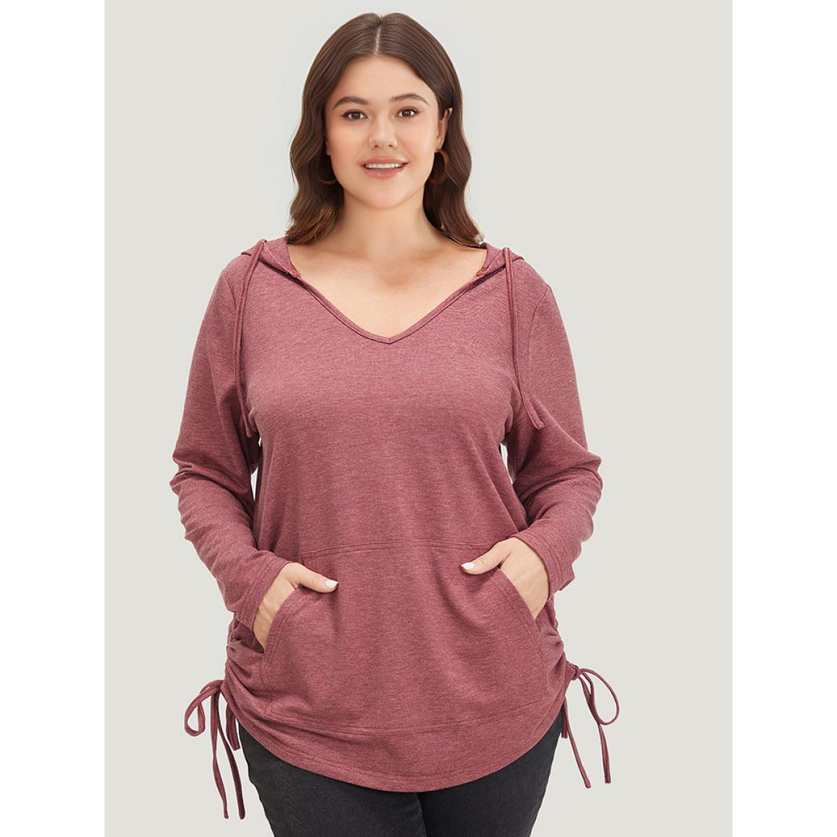 Plus Size Plain Heather Pocket Drawstring Hooded Sweatshirt Women Russet Elegant V-neck Dailywear Sweatshirts BloomChic 14-16/1X Product Image