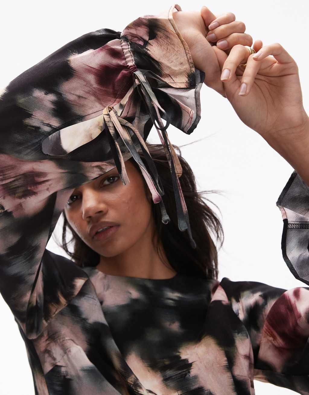 Topshop balloon tie sleeve maxi dress in black based floral Product Image