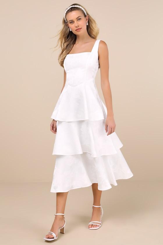 Elinore White Jacquard Tiered Midi Dress Product Image