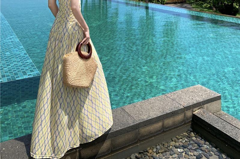 Spaghetti Strap Geometric Print Ruffle Maxi A-Line Dress Product Image