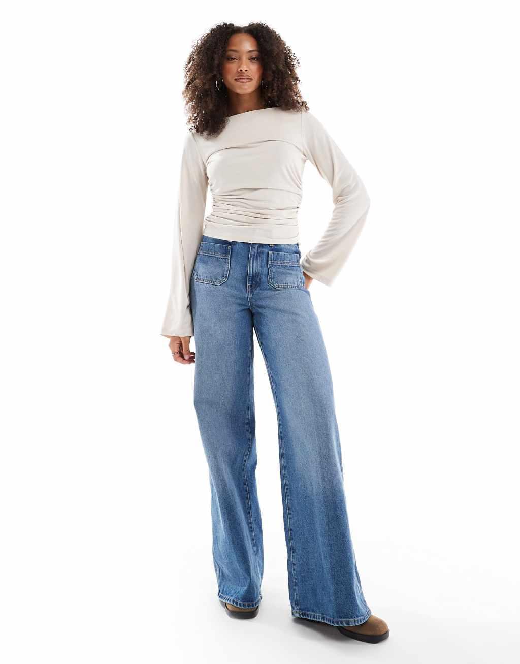 ASOS DESIGN peach cupro draped waist long sleeve T-shirt in ecru Product Image