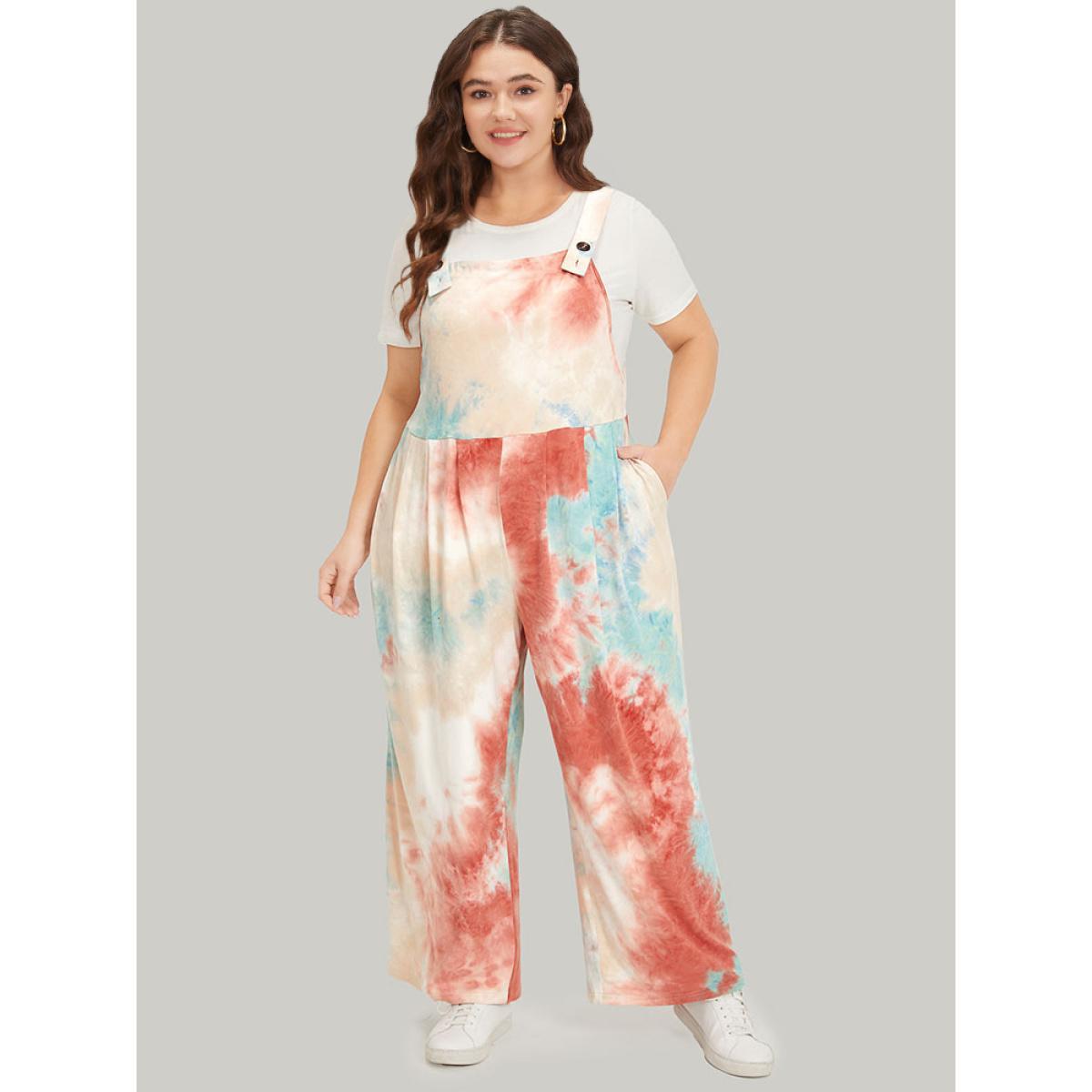 Plus Size Multicolor Tie Dye Pocket Button Adjustable Straps Jumpsuit Women Casual Sleeveless Spaghetti Strap Dailywear Loose Jumpsuits BloomChic 28/5X Product Image