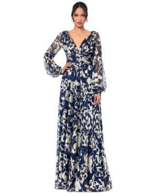 Betsy & Adam Womens Printed Blouson-Sleeve Maxi Dress - Navy Product Image