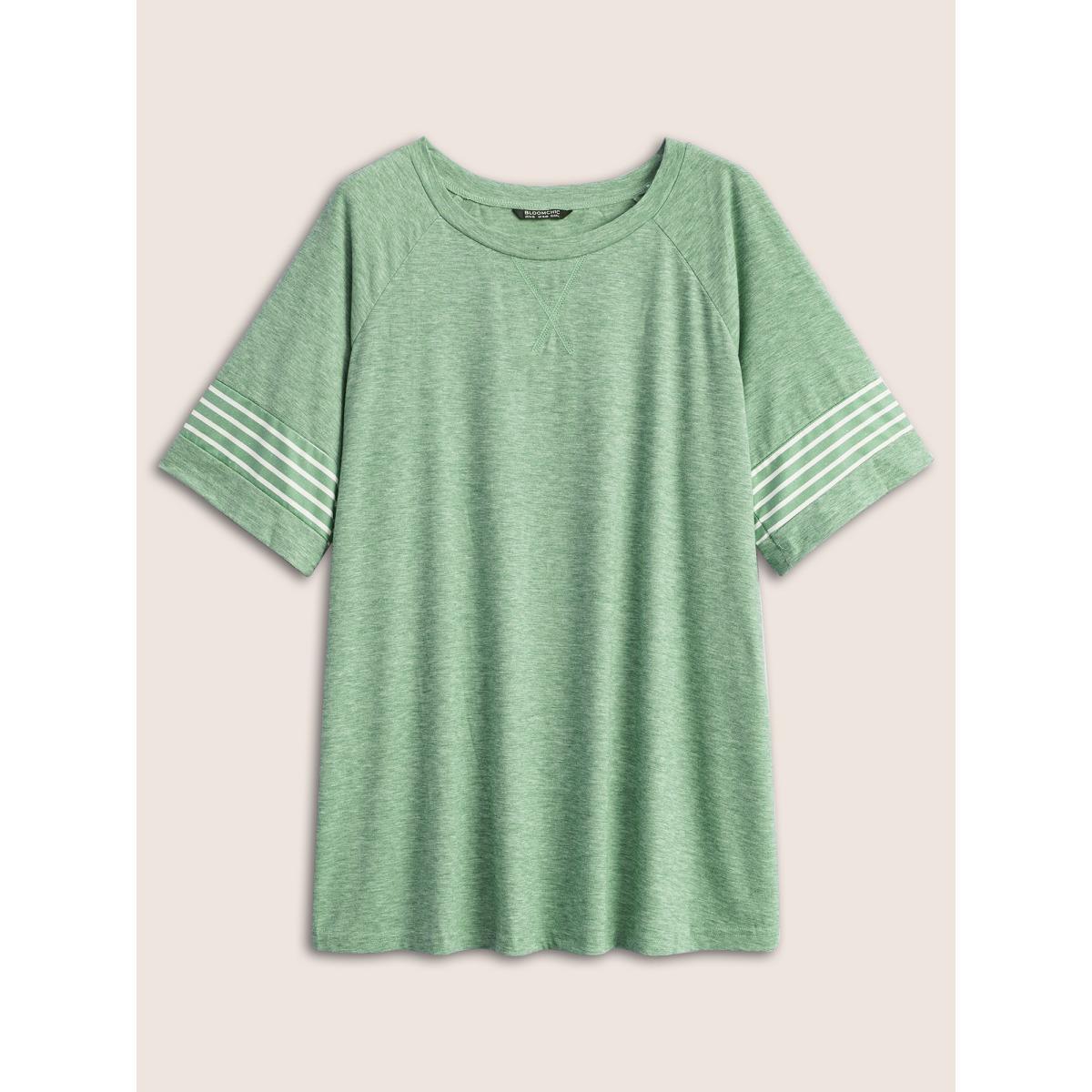 Plus Size Striped Contrast Raglan Sleeve Crew Neck T-shirt Mint Women Casual Plain Everyday T-shirts BloomChic 26/4X Product Image