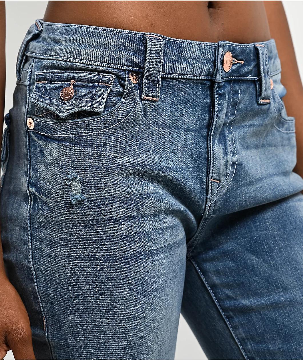 True Religion Becca Distressed Mid Rise Blue Bootcut Jeans Product Image
