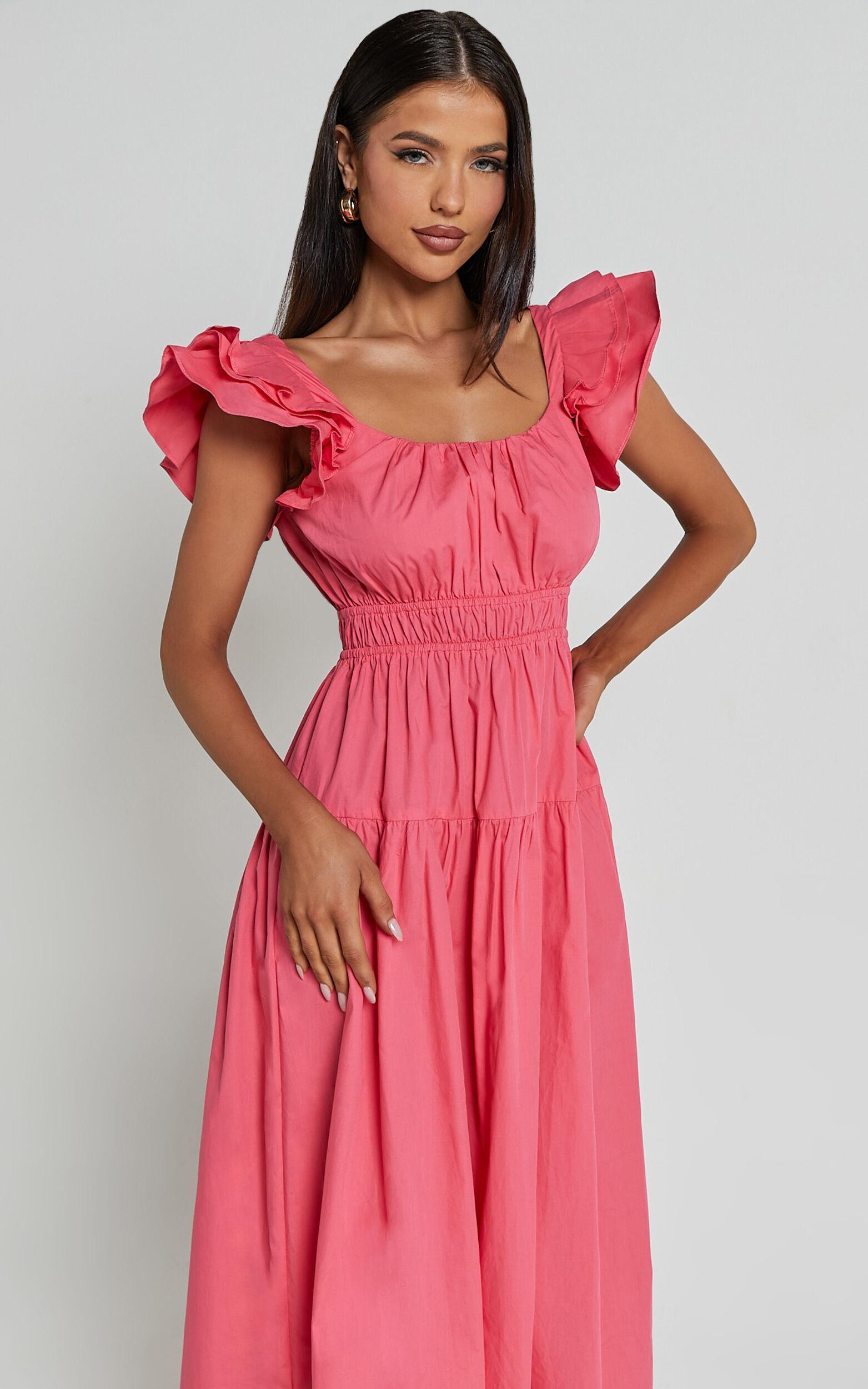 Arlene Midi Dress - Square Neck Shoulder Frill Tiered Dress in Berry Product Image