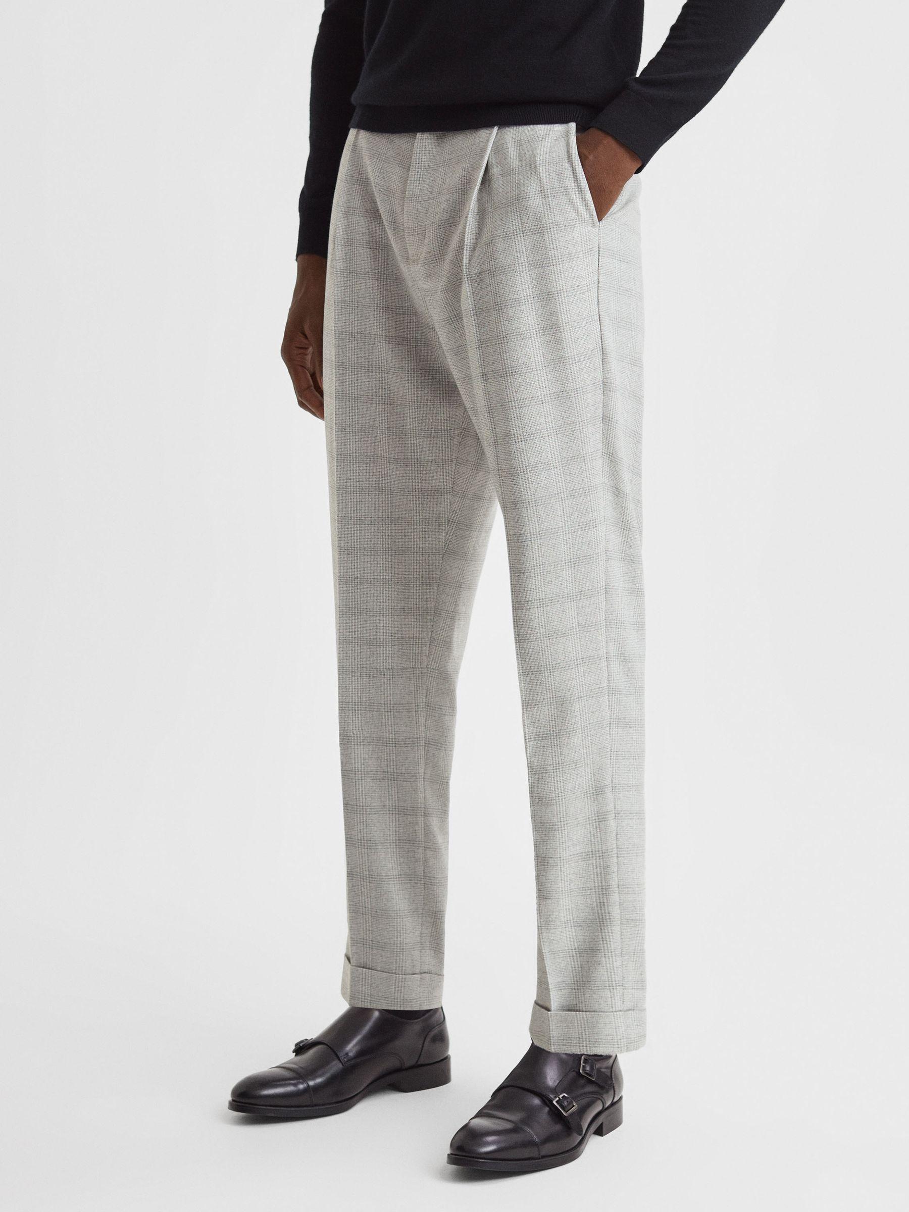 Slim Fit Prince of Wales Rolled Hem Trousers in Soft Grey Product Image