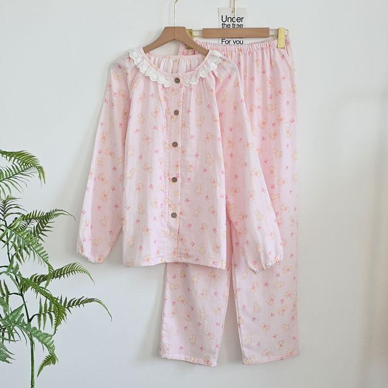 Long-Sleeve Cartoon Print Lace Trim Pajama Top / Pants / Set Product Image