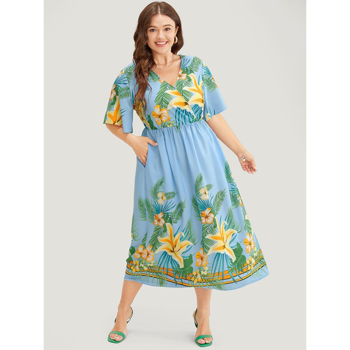 Plus Size Tropical Print Ruffle Sleeve Wrap Pocket Midi Dress LightBlue Women Elegant Elastic Waist V-neck Short sleeve Curvy Midi Dress BloomChic 28/5X Product Image