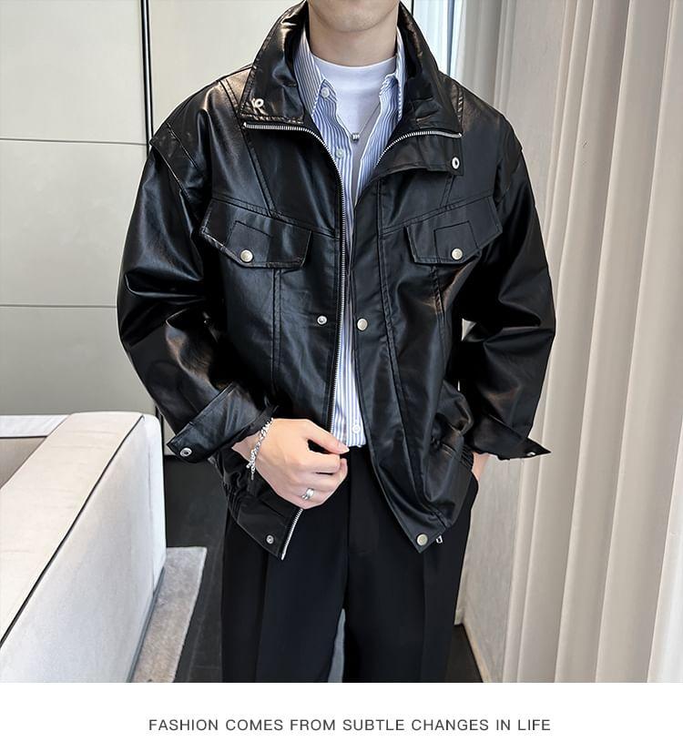 Stand Collar Plain Panel Faux Leather Zip Jacket Product Image