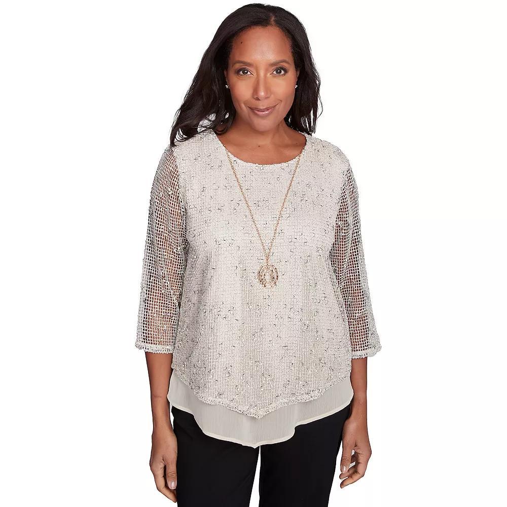 Alfred Dunner Petite Popcorn Mesh Speckled Top with Necklace, Women's, Size: XL Product Image