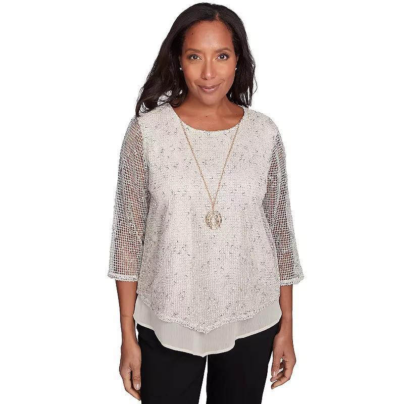 Alfred Dunner Petite Popcorn Mesh Speckled Top with Necklace, Women's, Size: XL Product Image